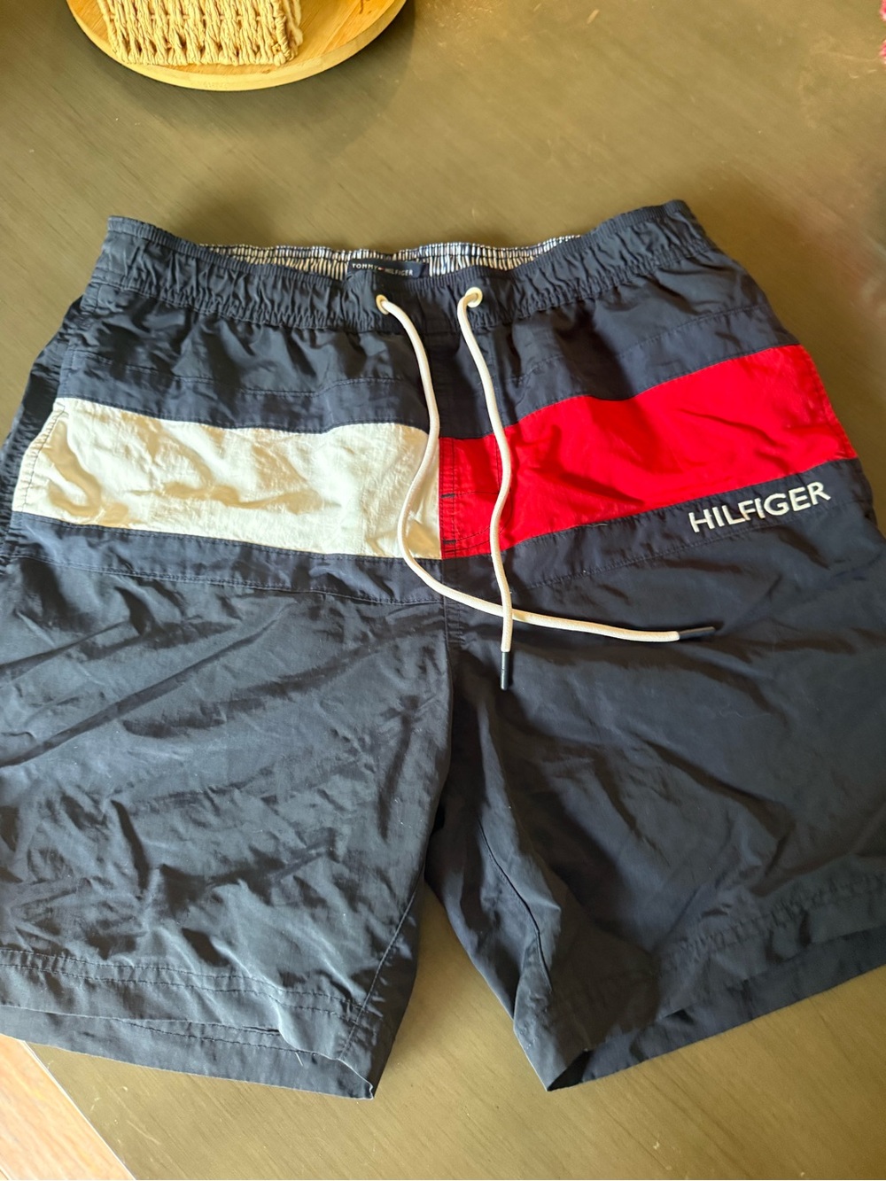 Tommy Hilfiger Navy Swim Shorts with Red and White Panels